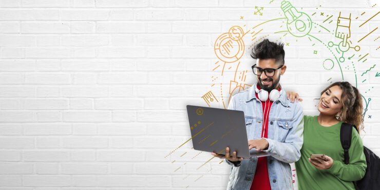 Male and female student looking at laptop with graphic background