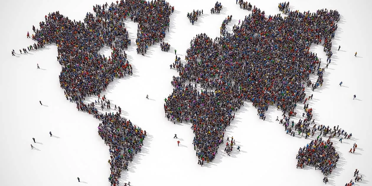 A world map made of people