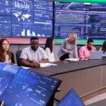 Students sitting in management HQ infront of a wall of screens