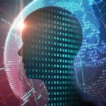 Silhouette of a mans head with binary digits transposed over the top