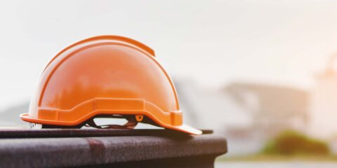 Construction helmet on a bench