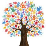 Tree with colorful human hands together. Community team concept illustration for culture diversity, nature care or teamwork project.