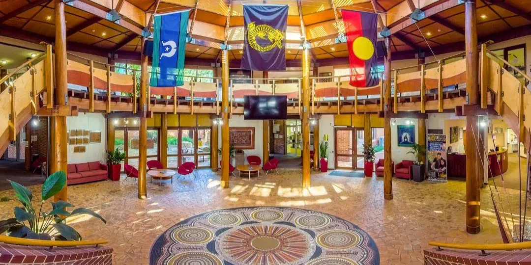 Interior view of Curtin's Centre for Aboriginal Studies (CAS) building. The Centre’s structural design is circular in nature and functions as a model of Aboriginal self-determination.