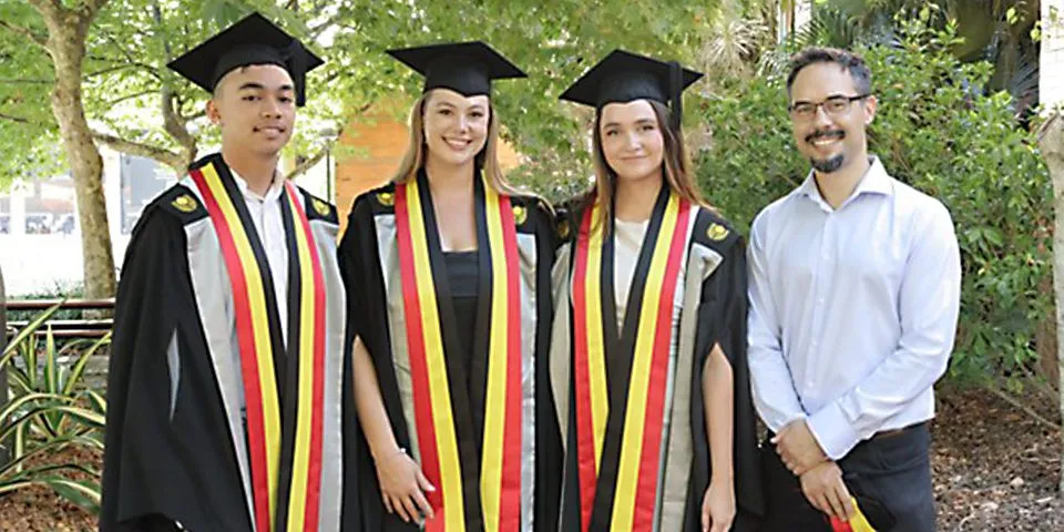 Curtin Medical School graduates Jaaron Davis, Arkayla McPhee and Daisy Alps with Curtin Deputy VC, Indigenous Jonathan Bullen