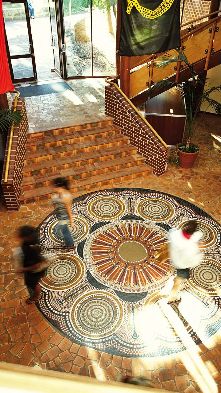 Interior view of Curtin's Centre for Aboriginal Studies (CAS) building. The Centre’s structural design is circular in nature and functions as a model of Aboriginal self-determination.