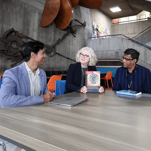 Sustainable Engineering Group sitting at a table and discussing a book.