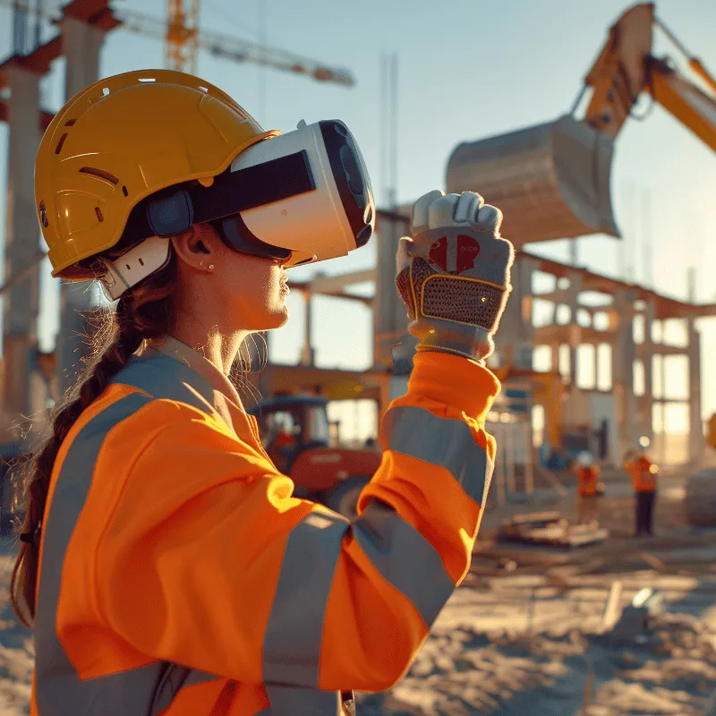 Person in high-visibility gear and VR goggles interacting with a virtual interface at a construction site, with cranes and workers in the background