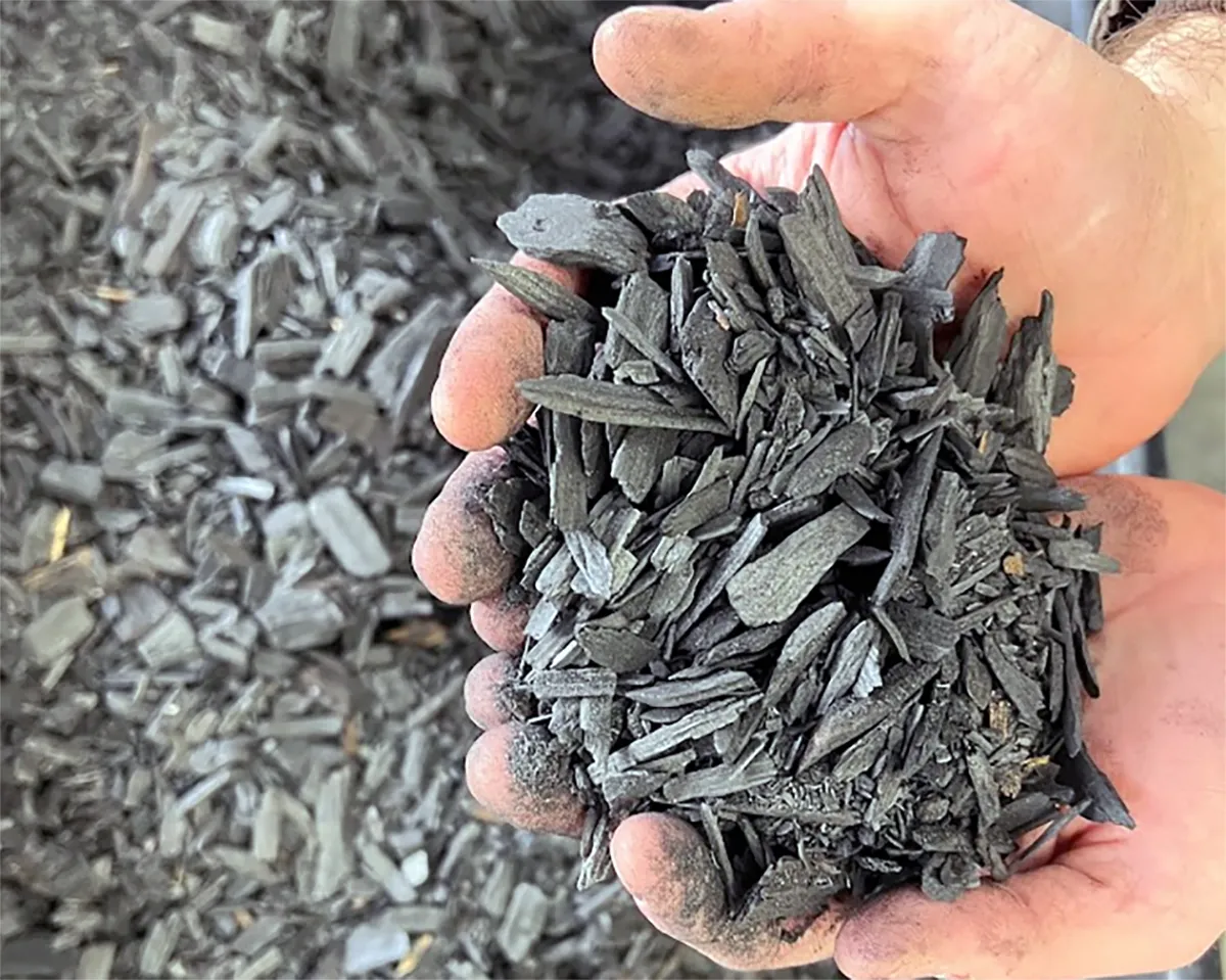 Two hands holding a biochar above a larger pile of biochar