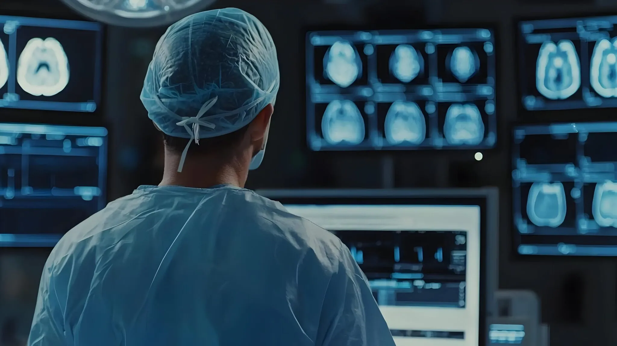 Medical professional in surgical attire reviewing brain scans on multiple monitors in a clinical setting.
