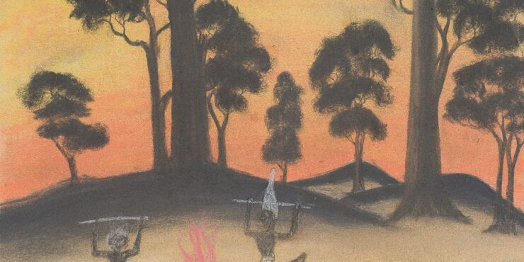 Once known child artist, On with the Dance c1949, pastel and graphite on paper, 281mm x 378mm. The Herbert Mayer Collection of Carrolup Artwork, Curtin University Art Collection. Gift of Colgate University, USA, 2013. Image reproduced with permission of the Carrolup Elders Reference Group.
