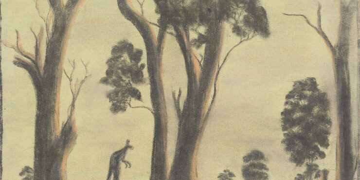 Once known child artist, The Take Off c1949, pastel on paper, 280mm x 385mm. The Herbert Mayer Collection of Carrolup Artwork, Curtin University Art Collection. Gift of Colgate University, USA, 2013. Image reproduced with permission of the Carrolup Elders Reference Group.