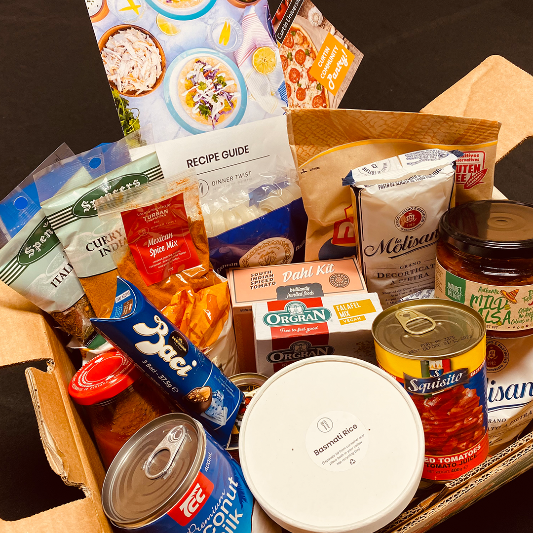 Food boxes prepared by Curtin Community Pantry and Dinner Twist.