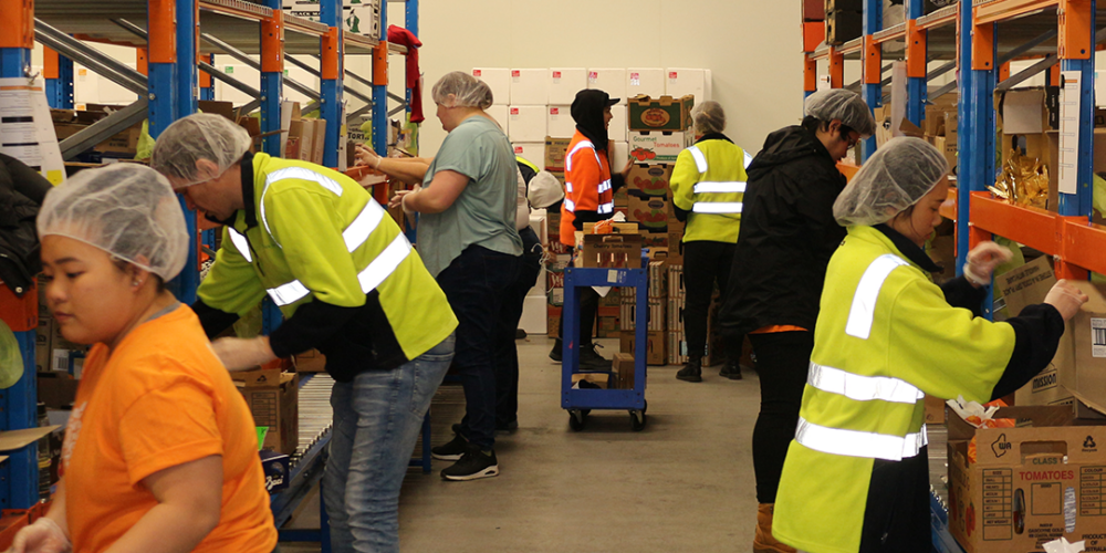 Students and volunteers help pack food boxes at Dinner Twist headquarters.