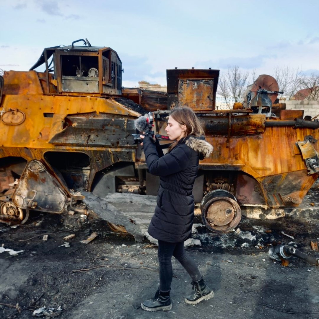 Daryna Zadvirna filming in the Ukraine