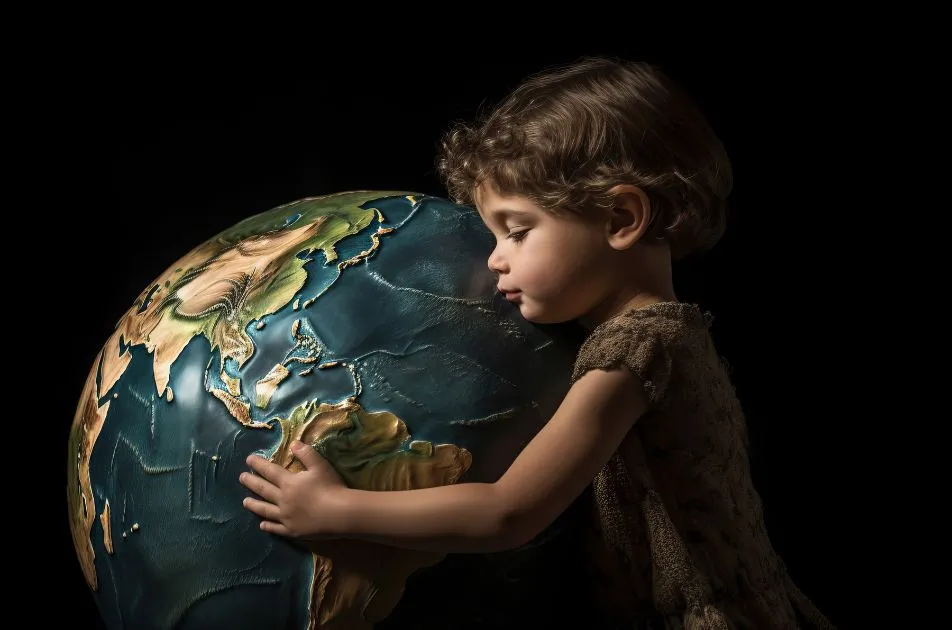 child hugging the earth