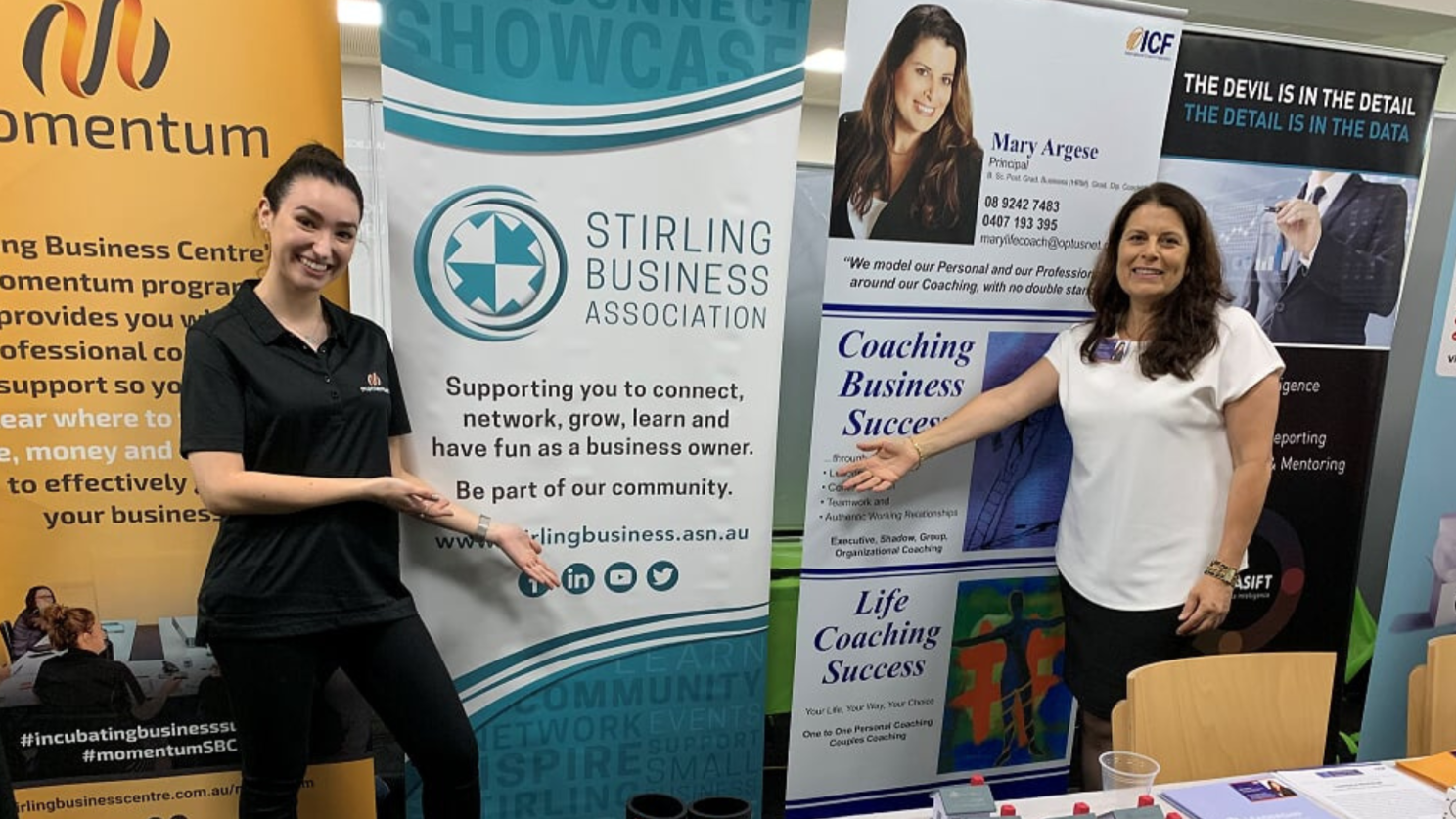 curtin graduate mary argese at a stirling business association showcase.