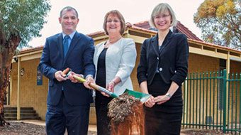 (L-R) Dr Kim Hames MLA (Minister for Training and Workforce Development), Wendy Duncan MLA (Member for Kalgoorlie and Prof Deborah Terry (Vice-Chancellor Curtin University) at the sod turning ceremony for the Agricola College redevelopment which is the student accommodation for the WA School of Mines in Kalgoorlie.