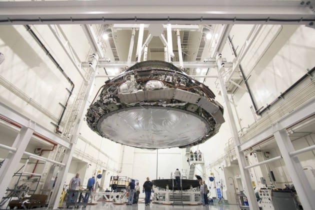 The Orion spacecraft on the workshop floor at NASA.