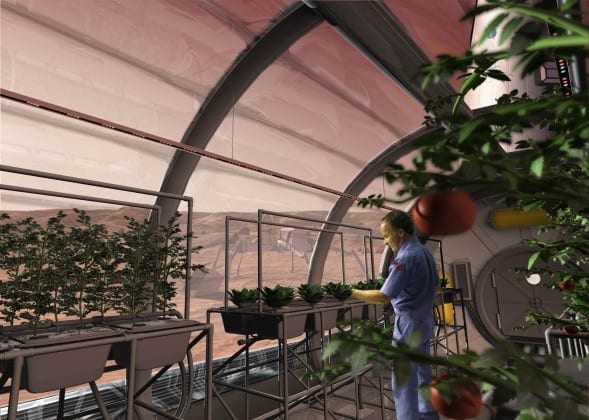 A man working in a greenhouse on Mars.