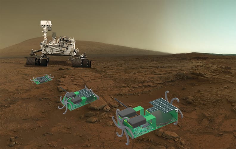 Artist depiction of JPL's pop-up robots alongside a rover robot on a celestial body resembling Mars.