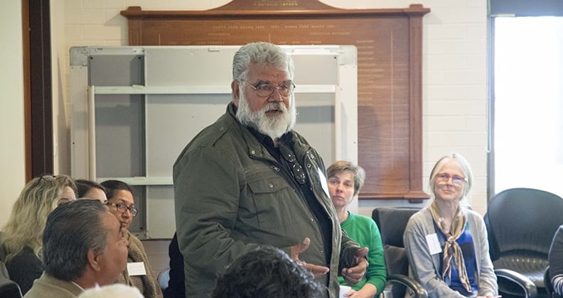 Wadjuk Noongar custodian Noel Nannup welcoming participants to Country at the symposium.