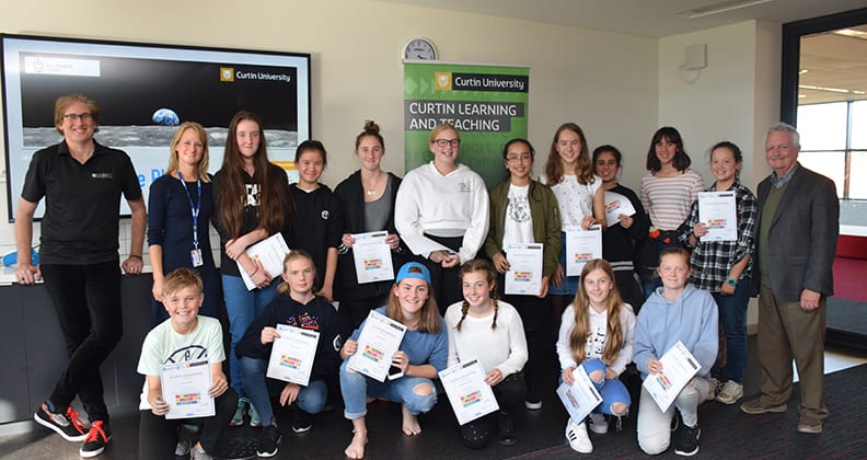 Curtin staff member Kim Flintoff, All Saints' College English teacher Laura Strentz, students from All Saints' College and Shenton College, and Curtin's Director of Learning Futures Professor David Gibson at the Global Goals Challenge at All Saints' College.