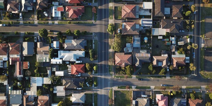 An aerial view of a residential suburb
