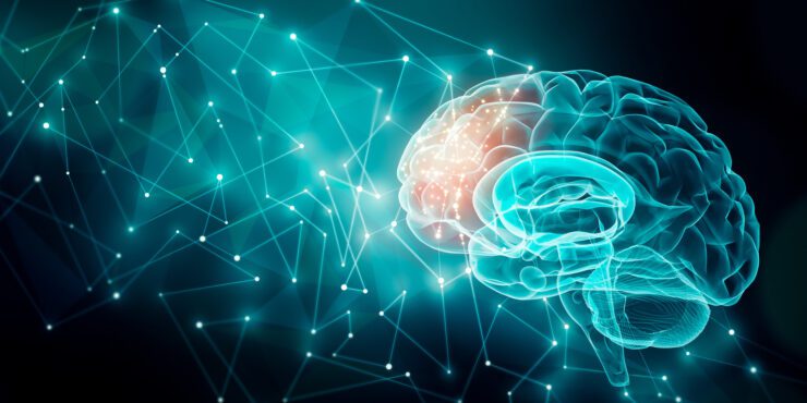 Human brain activity with plexus lines.. External cerebral connections in the frontal lobe. Communication, psychology, artificial intelligence or AI, neuronal informations or cognition concepts illustration with copy space.