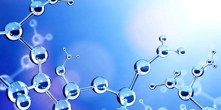 Science banner of abstract molecular structure in blue