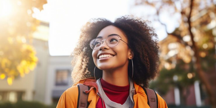 A student smiles into the distance. The sun illuminates her hair.