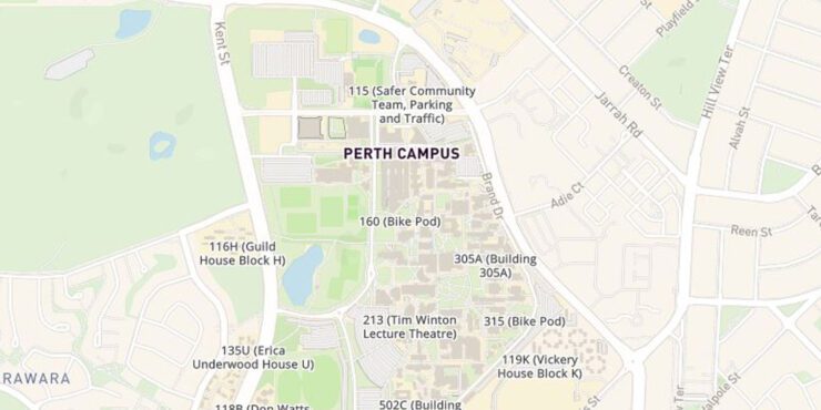 A map of the Curtin Perth campus.