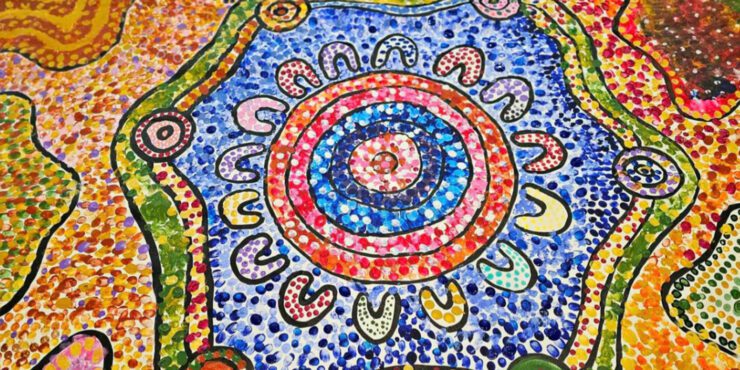 Artwork by Julianne Wade (lead artist) and the participants of the 2023 Indigenous Futures High School Challenge.