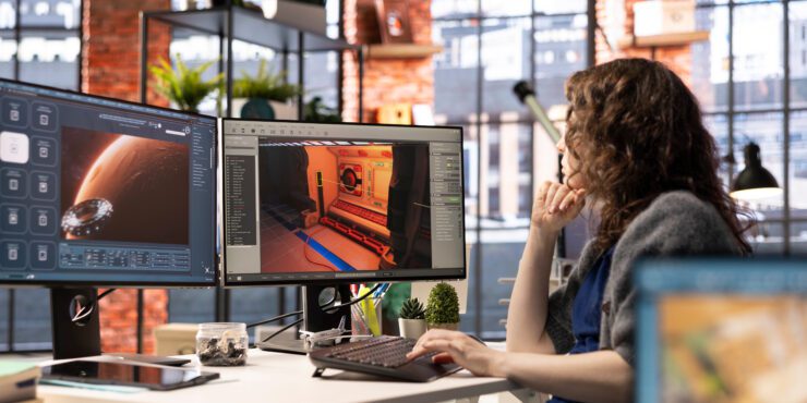 Woman works at computer on a space station video game environment.