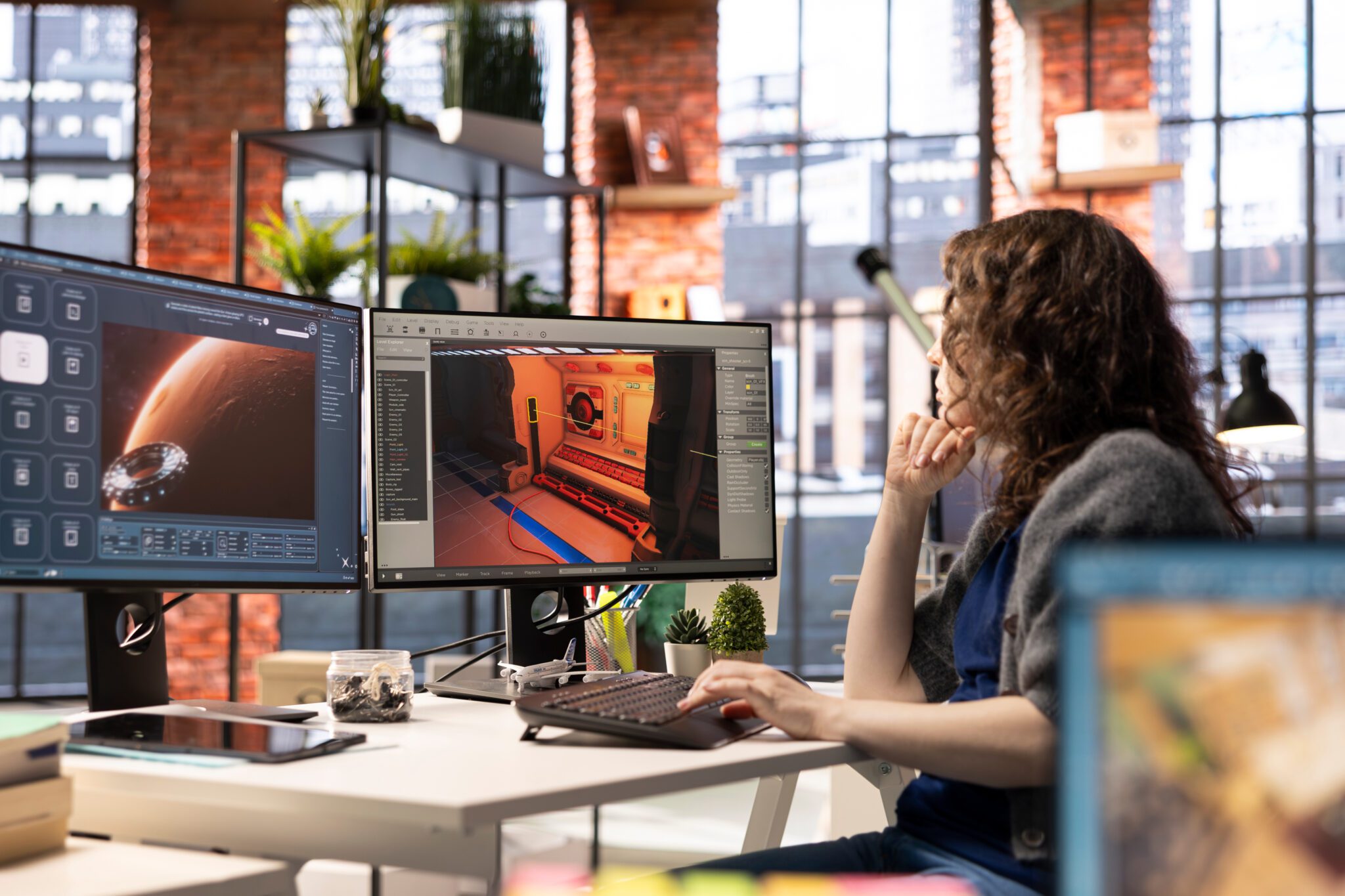 Woman works at computer on a space station video game environment.