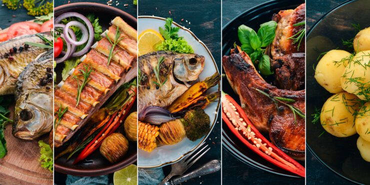 Five sections of different kinds of foods.