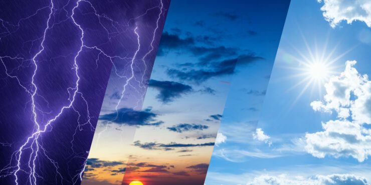An image split into three types of weather. The first is lightning, the second is sunrise, the third is a blue sunny sky.
