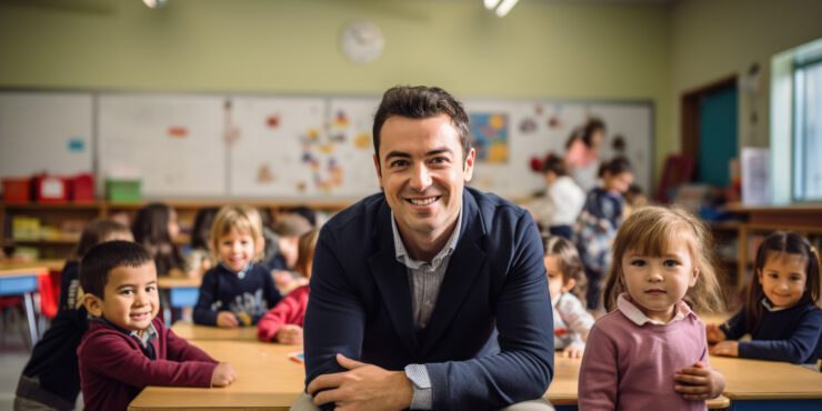 Male teacher in a classroom smiling