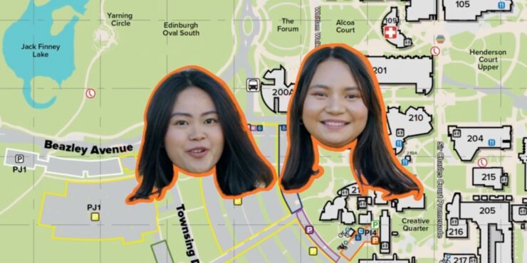 Devna and Celena's heads are superimposed on a map of the Curtin Perth campus.