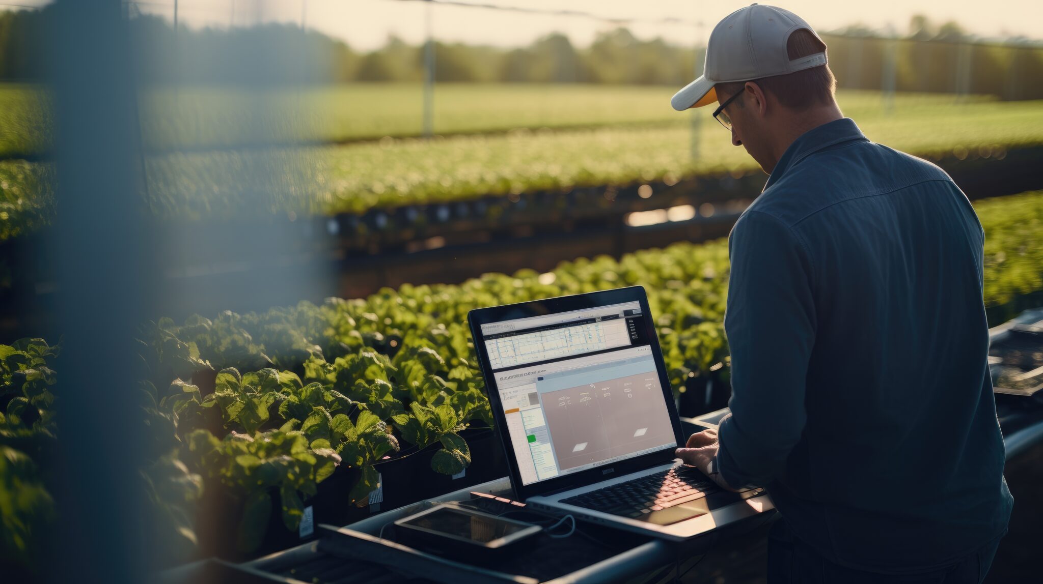 Man stands in front of laptop showing data with fields of green plants in background.