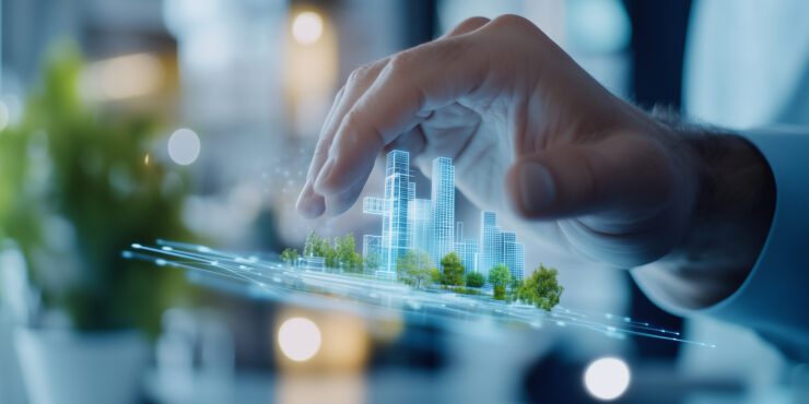 A sleek design studio where AI-powered tools assist architects in creating sustainable buildings with dynamic 3D models and real-time environmental simulations.