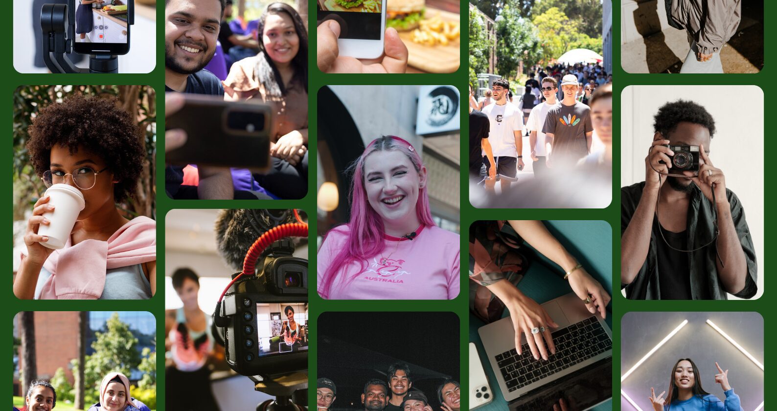 A collage of various images of students and content creators.