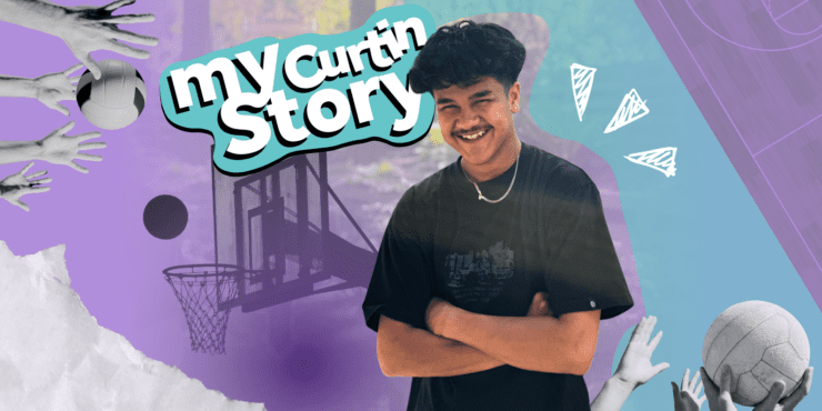 Santchiago smiles at the camera. His image is overlayed on a graphic image with the words: My Curtin Story written on a blue and purple scrapbook type background.