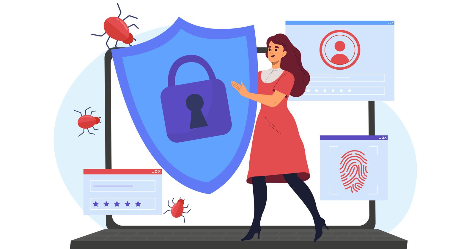 A woman stands next to a giant cartoon lock.