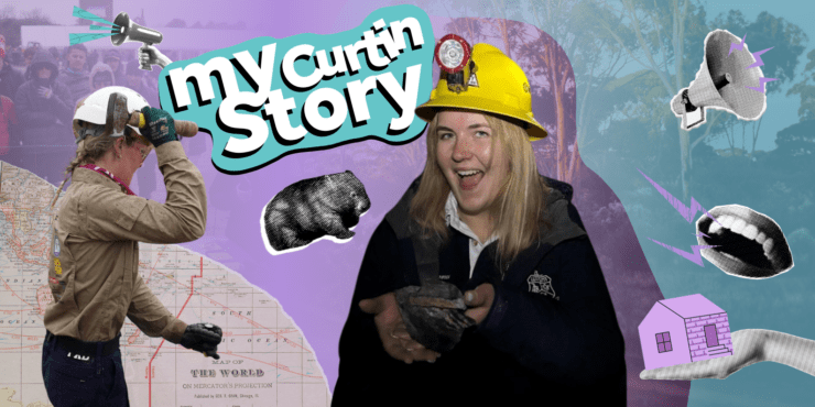 A vibrant collage-style image featuring a smiling young person with, wearing protective mining gear. Surrounding them are various graphics, including a wombat, speakers, a mouth speaking and a hand holding a house. The words “my Curtin Story” appear prominently in bold, playful text near the top left.