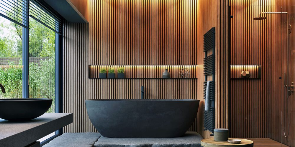 Bathroom interior design with matte black bath and modern shower.