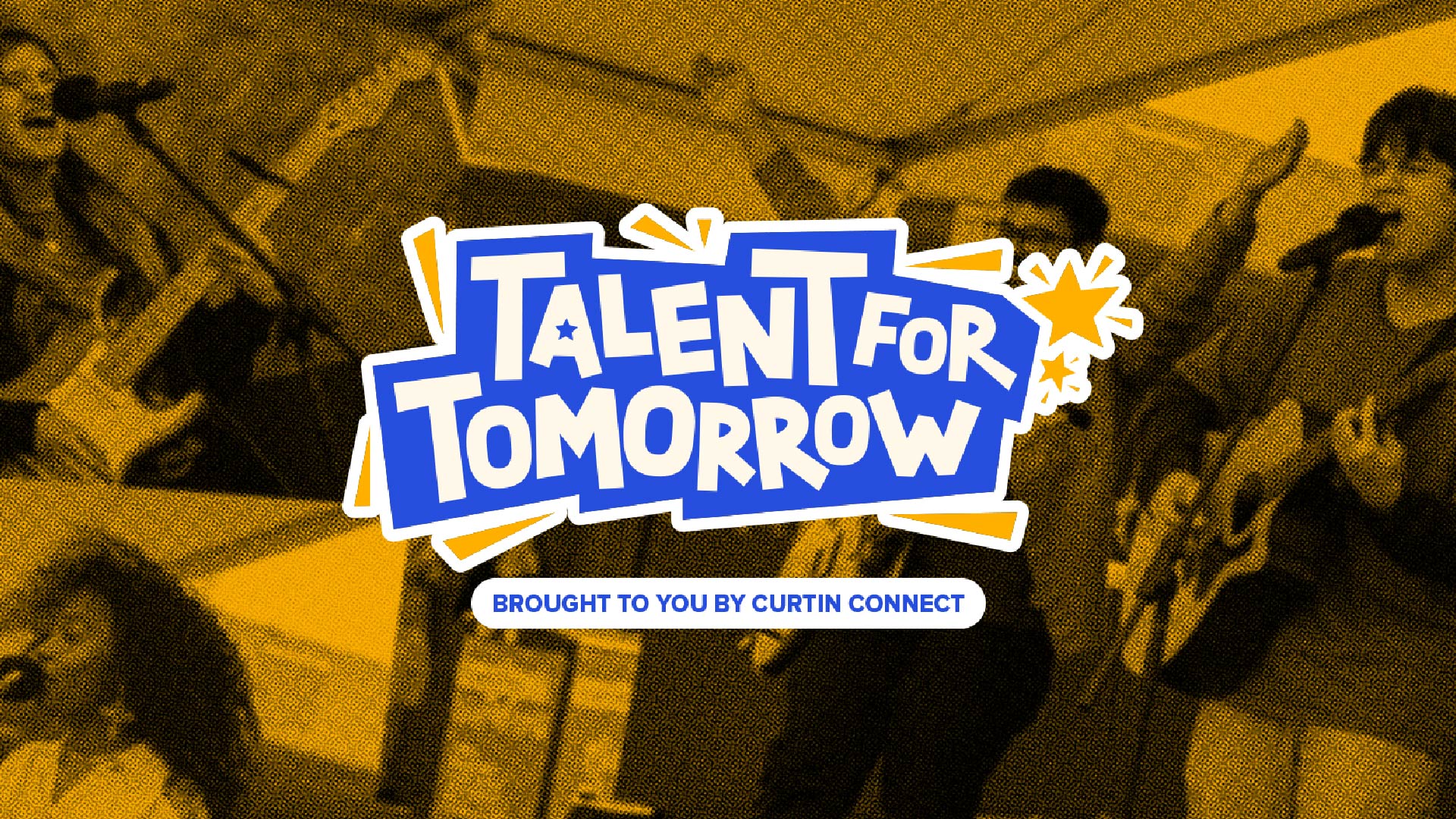 A banner of Talent for Tomorrow, with a collage of previous contestants