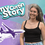 Emily stands smiling amongst various graphics representing her article interview. There are purple speaking lips, a renewable sign, a WA postage stamp, a plane and a handshake. Beside her, there is also a picture of her and two friends with their backs to the camera and arms around each others shoulders, in black and white. There is also a picture of her speaking at a lectern, on her right.