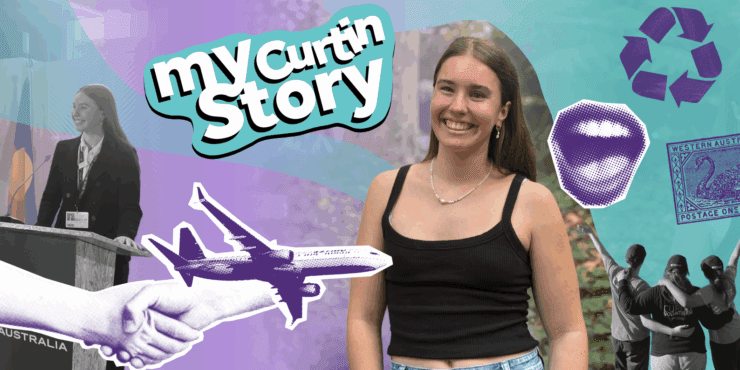 Emily stands smiling amongst various graphics representing her article interview. There are purple speaking lips, a renewable sign, a WA postage stamp, a plane and a handshake. Beside her, there is also a picture of her and two friends with their backs to the camera and arms around each others shoulders, in black and white. There is also a picture of her speaking at a lectern, on her right.