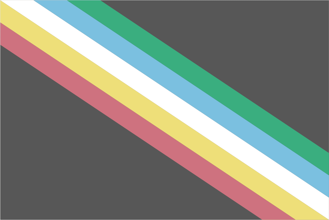 The Disability Pride Flag - The flag has a black background, and five diagonal stripes running from the top left corner to the bottom right corner of the flag ( L-R red, yellow, white, light blue, green).