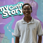 decorative collage image of Damien, with the title 'My Curtin Story'